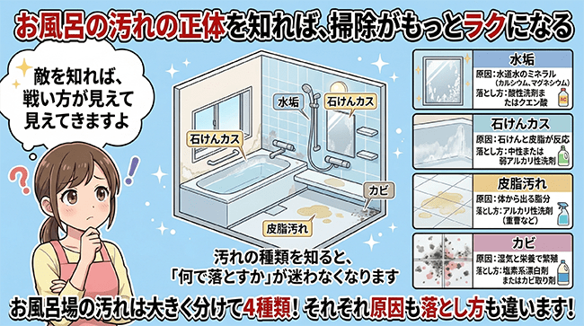 お風呂の汚れの正体を知れば、掃除がもっとラクになる