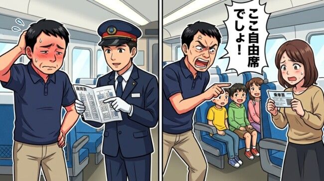 男性客「ここ自由席でしょ！」→私「団体の指定席です」車掌を呼んだ結果