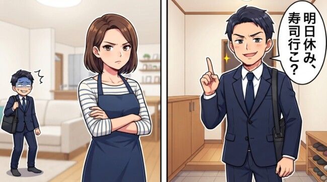 「やっと休みだよ、お寿司行こ？」 14連勤で舌打ちを繰り返した夫が、帰宅直後に妻から言われた一言
