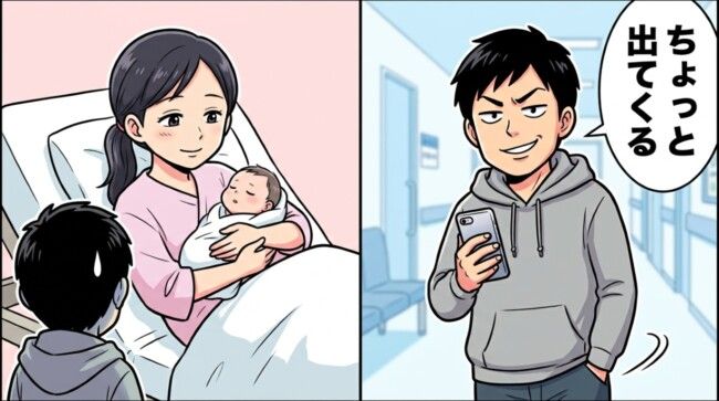 夫「30分で戻る」私「今！？破水してるよ！」分娩室から離脱→戻った瞬間、私の一言で時が止まった