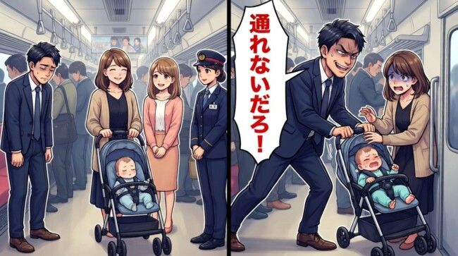 優先スペースにベビーカーで立っていると…男性「通れないだろ！」→隣の若い女性が「駅員さん呼びますね」！？