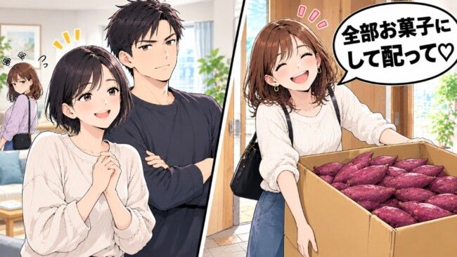 横長16:9、YouTube漫画サムネ風、鮮やかな色、シンプル背景。左右2分割。右側：30代の義妹、セミロングヘア、ドヤ顔で笑いながら玄関に大きな段ボール箱を置く。箱の口からサツマイモがたくさん見える。吹き出しは「全部お菓子にして配って♡」。背景は明るい玄関。 左側：30代の主人公女性が夫（30代男性）と並び、夫は腕を組み少しきりっとした表情、主人公は安心した笑顔。左のコマの画面端に義妹が小さく気まずそうに視線をそらす。背景は明るい自宅リビング。　吹き出しの文字は全て黒